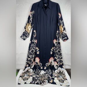 Chico's Navy Floral-Print Long Sleeve Maxi Shirt Dress